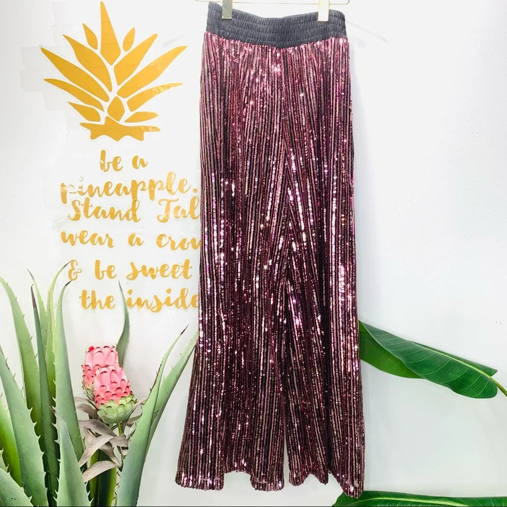 VICTORIA’S SECRET Pink Gold Black Allover Sequin Wide Leg Pajama Lounge Pants XS - Picture 2 of 11